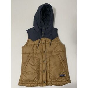 Patagonia Bivy Sisu Hooded Puffer Down Canvas Vest size S color Brown Blue